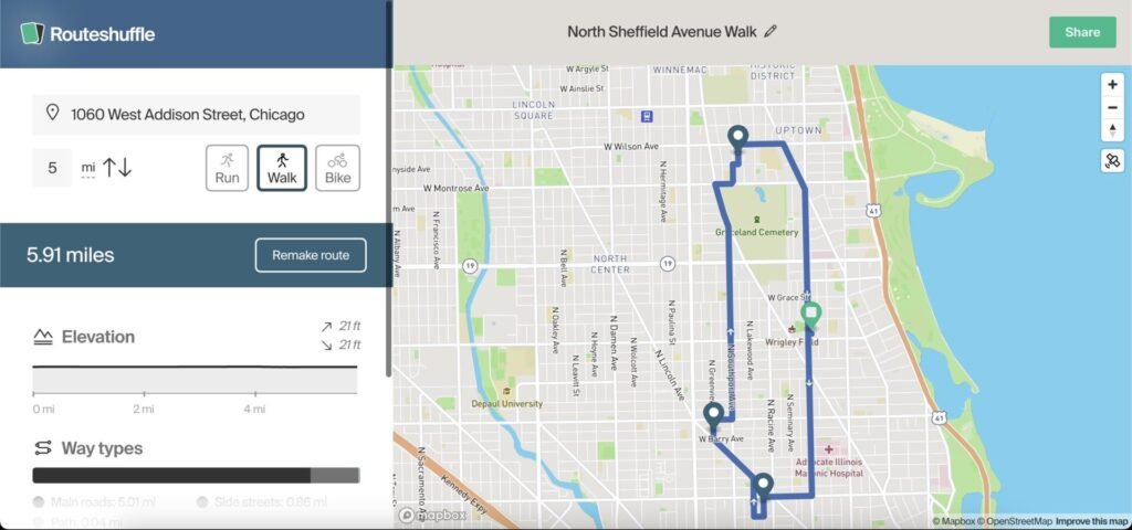 A screenshot of the Routeshuffle website, showing a generated 5 mile route that starts and ends at Wrigley Field in Chicago, IL.